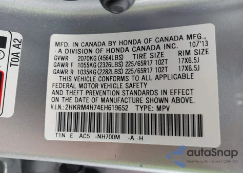 2014 Honda Cr-V Ex-L from USA, damaged, VIN 2HKRM4H74EH619652